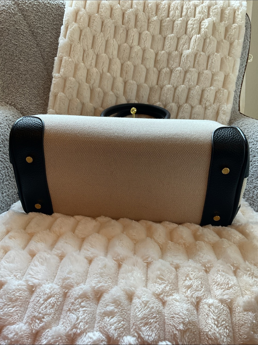 Canvas and Black Leather Top-Handle Satchel with Gold Hardware - Picture 3 of 9